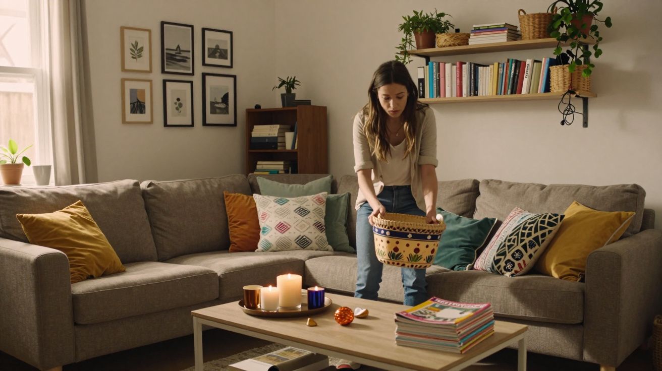 Mulher a arrumar uma sala de estar com sofá cinza, almofadas coloridas e mesa de centro com velas e revistas.