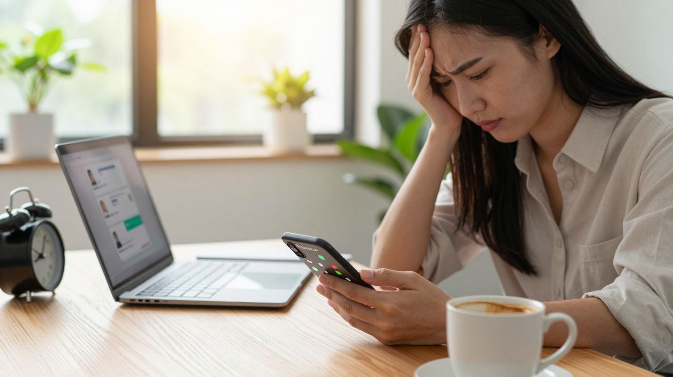 Mulher preocupada sentada à mesa a olhar para o telemóvel, com computador portátil e chávena de café à frente.