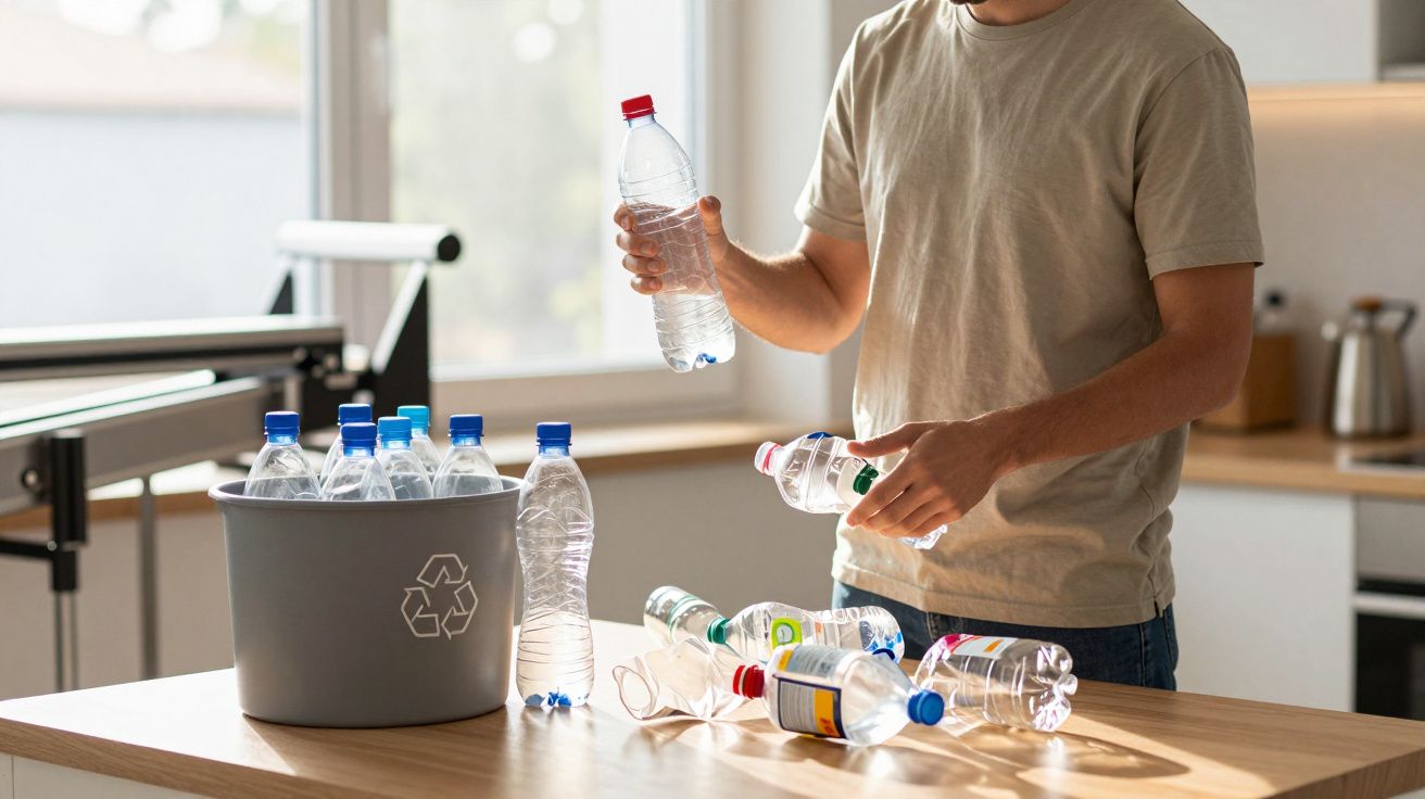 Pessoa a separar garrafas plásticas para reciclagem numa cozinha iluminada por luz natural.