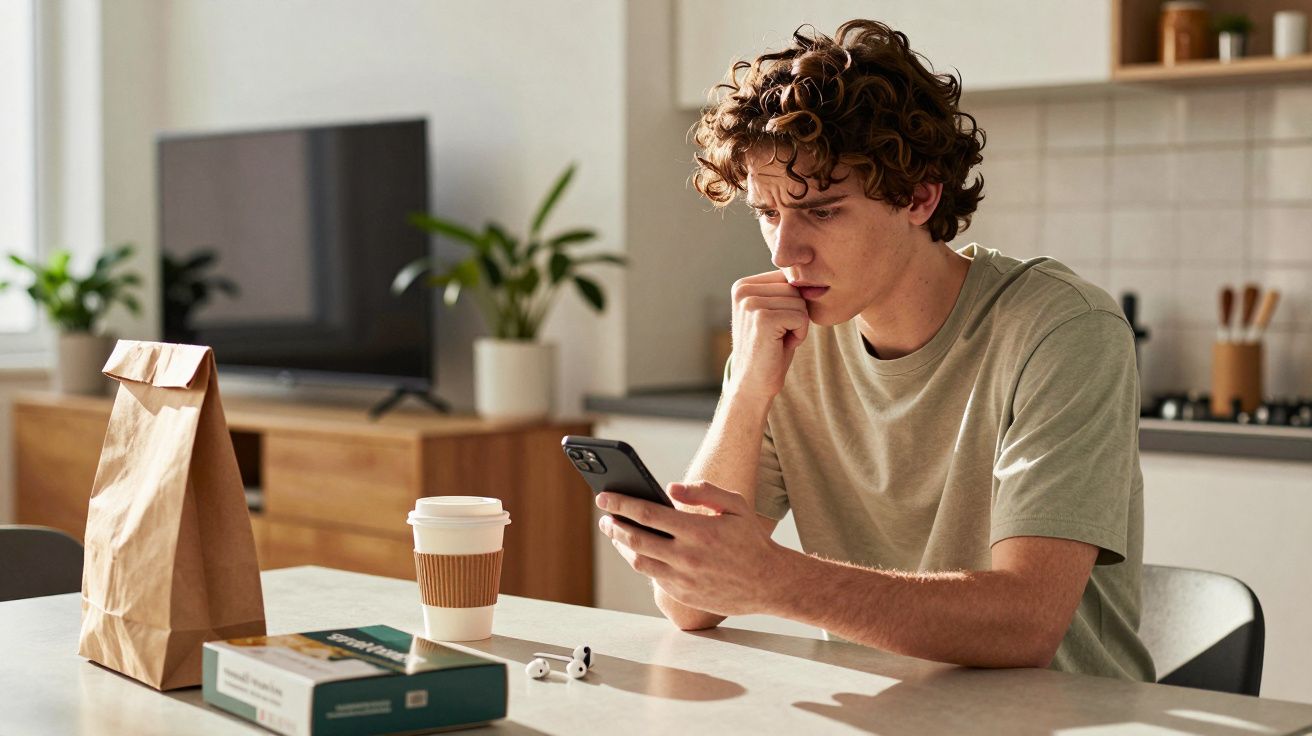 Jovem sentado à mesa a olhar para o telemóvel com expressão pensativa, com café e embalagem na mesa.