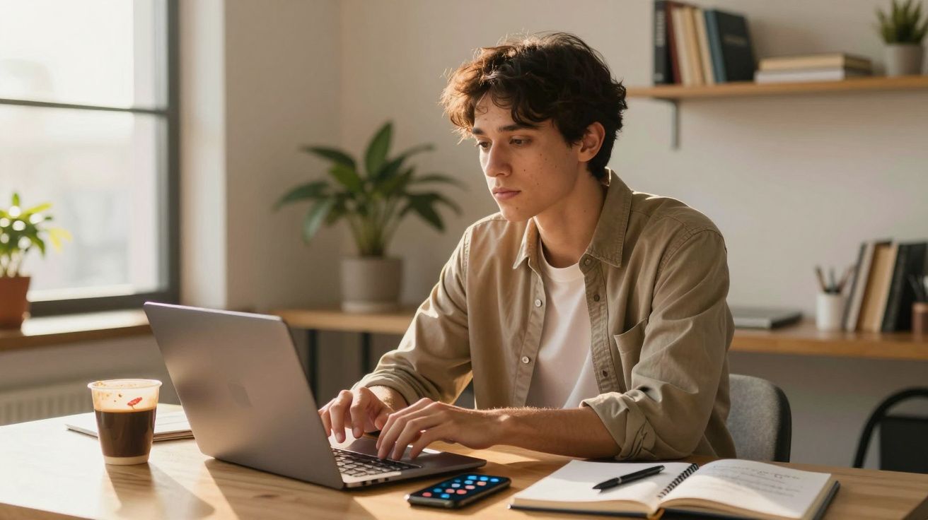 Jovem a trabalhar num portátil numa mesa com bloco de notas, café e telemóvel num ambiente luminoso e organizado.