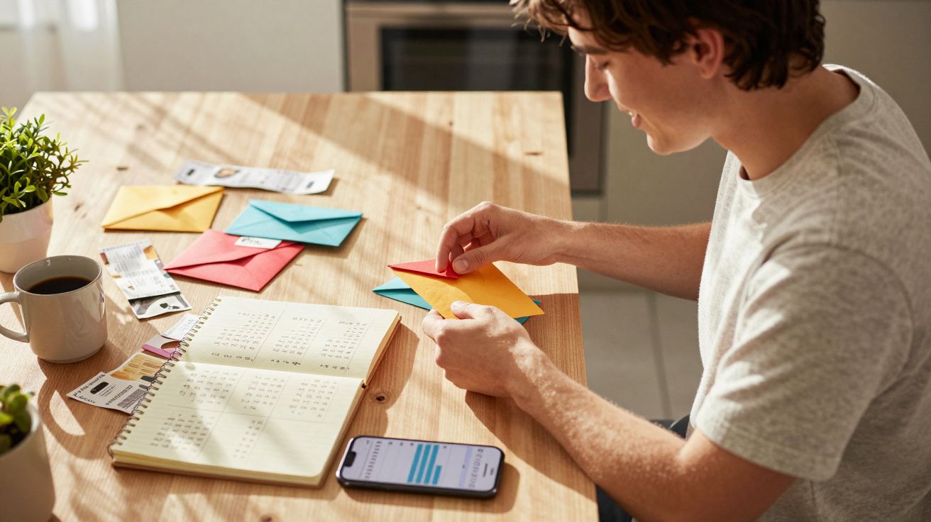 Jovem a abrir envelopes coloridos numa mesa com caderno, telemóvel, café e plantas.