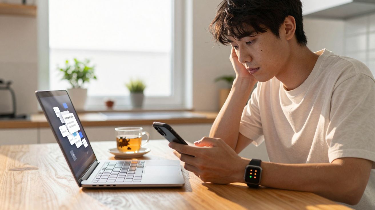Jovem preocupado sentado à mesa com portátil aberto e a consultar o telemóvel numa cozinha iluminada.