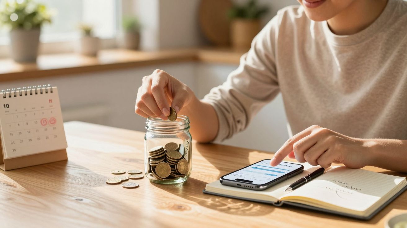 Pessoa a guardar moedas num frasco enquanto consulta finanças no telemóvel e faz anotações num caderno.