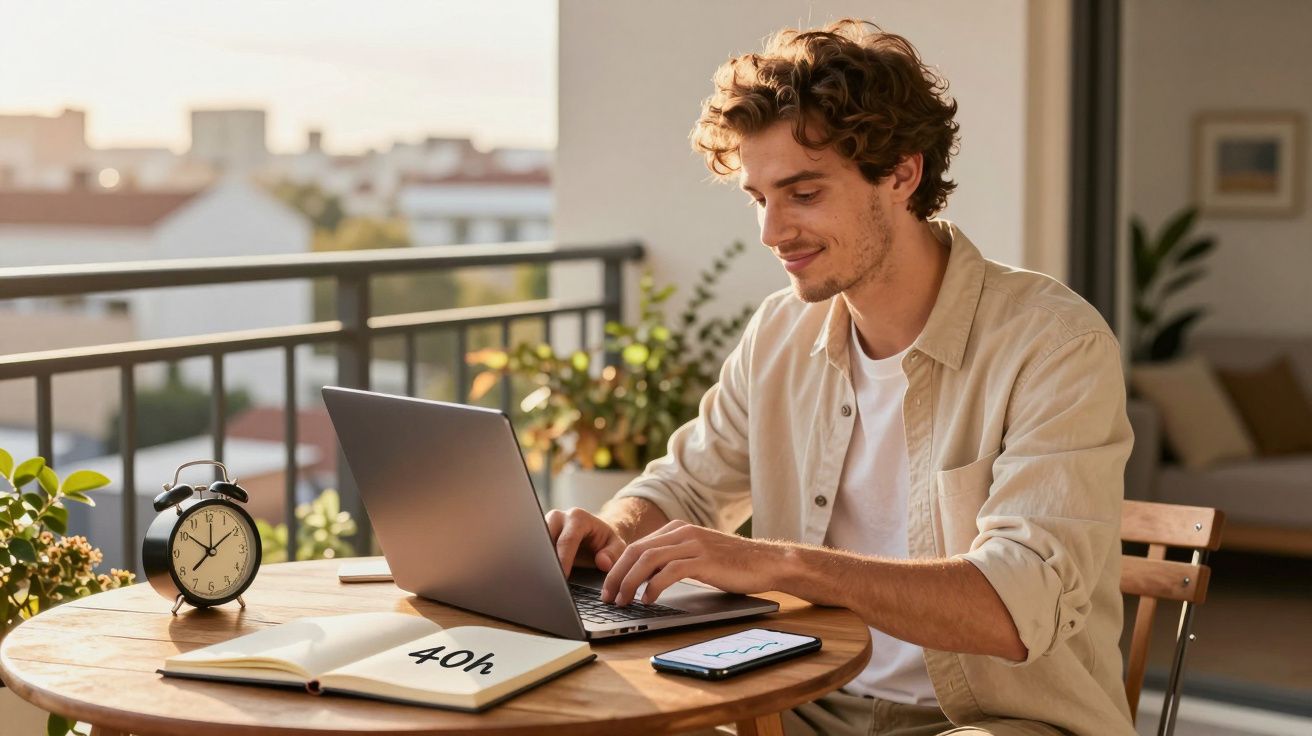 Homem a trabalhar num computador portátil numa mesa ao ar livre junto a um despertador e um caderno com "40h".