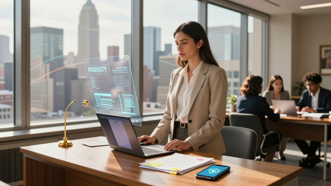 Mulher de negócios a trabalhar com computador portátil e holograma numa sala moderna com vista urbana.