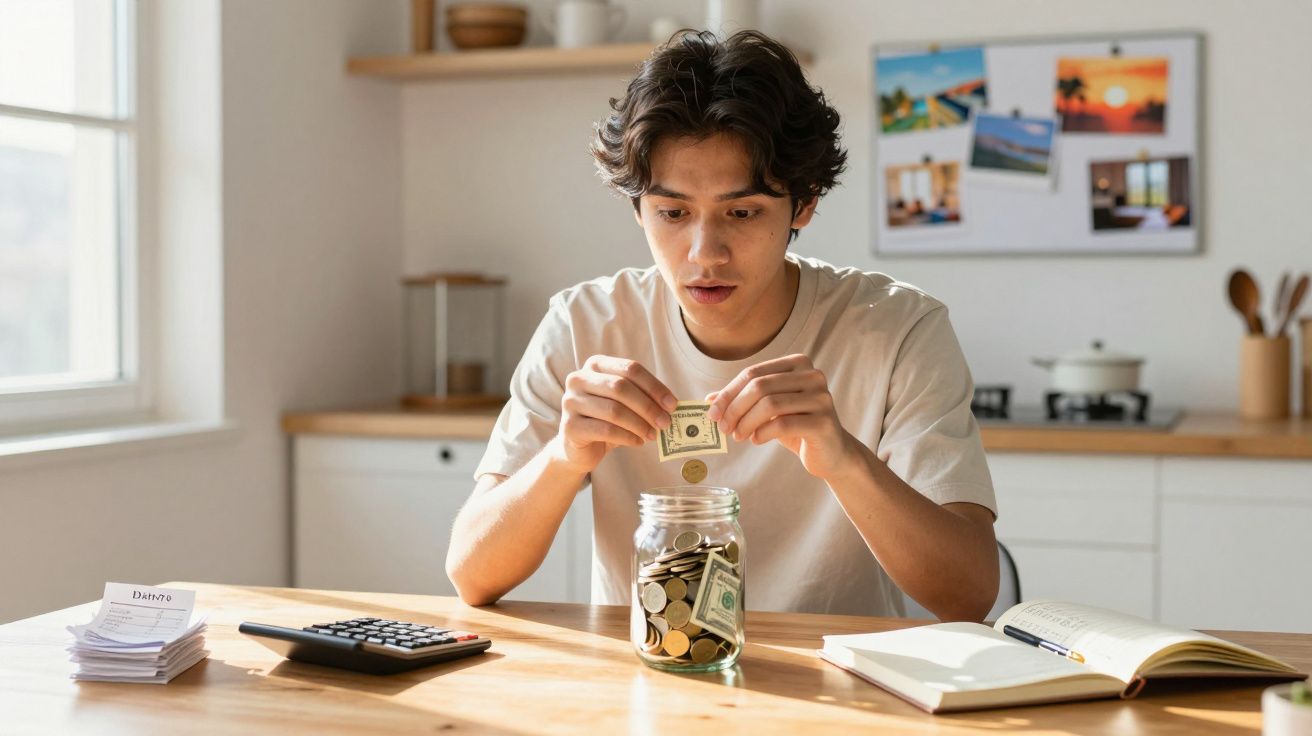 Jovem sentado à mesa, a guardar dinheiro numa jarra, rodeado de contas, calculadora e caderno aberto.