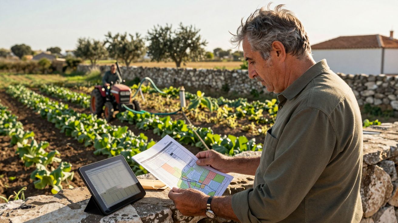 Homem adulto a analisar planta agrícola num campo com linhas de cultivo e trator ao fundo.