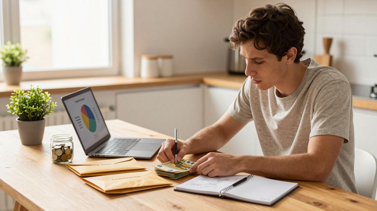 Homem sentado à mesa a contar dinheiro e a fazer anotações com computador e envelopes à sua frente.