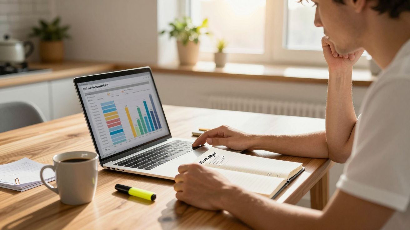 Pessoa a analisar gráficos num computador portátil enquanto escreve notas numa agenda numa mesa de madeira.