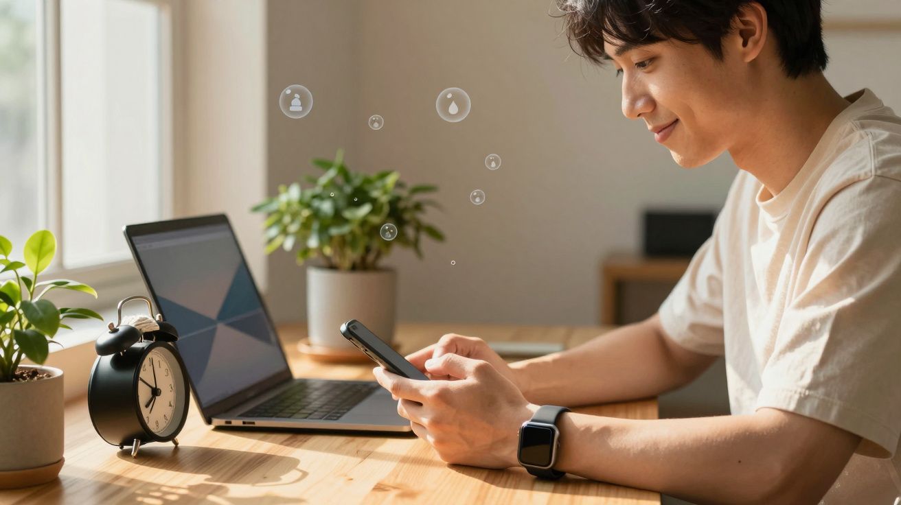 Jovem sentado a sorrir, a usar telemóvel com computador portátil, relógio e plantas numa secretária iluminada.