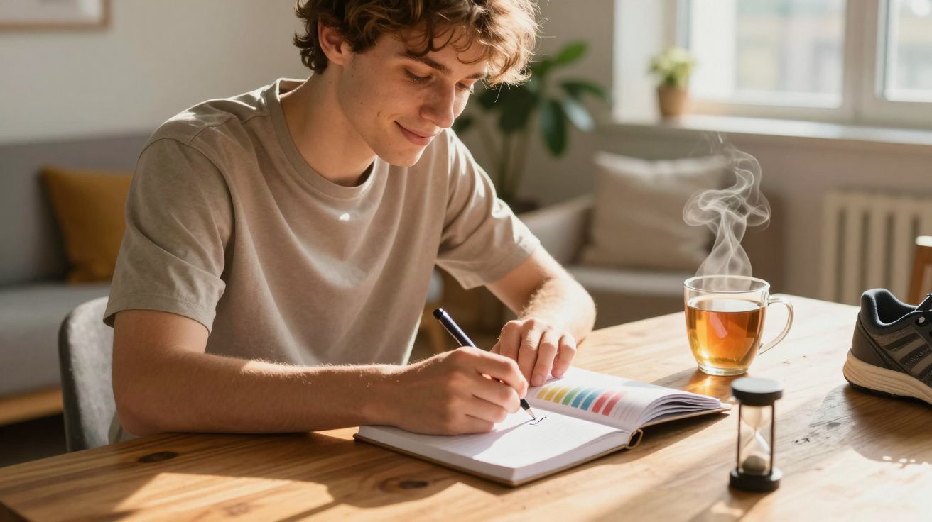 Jovem sentado a escrever num caderno numa mesa de madeira com chá quente a fumegar ao lado.