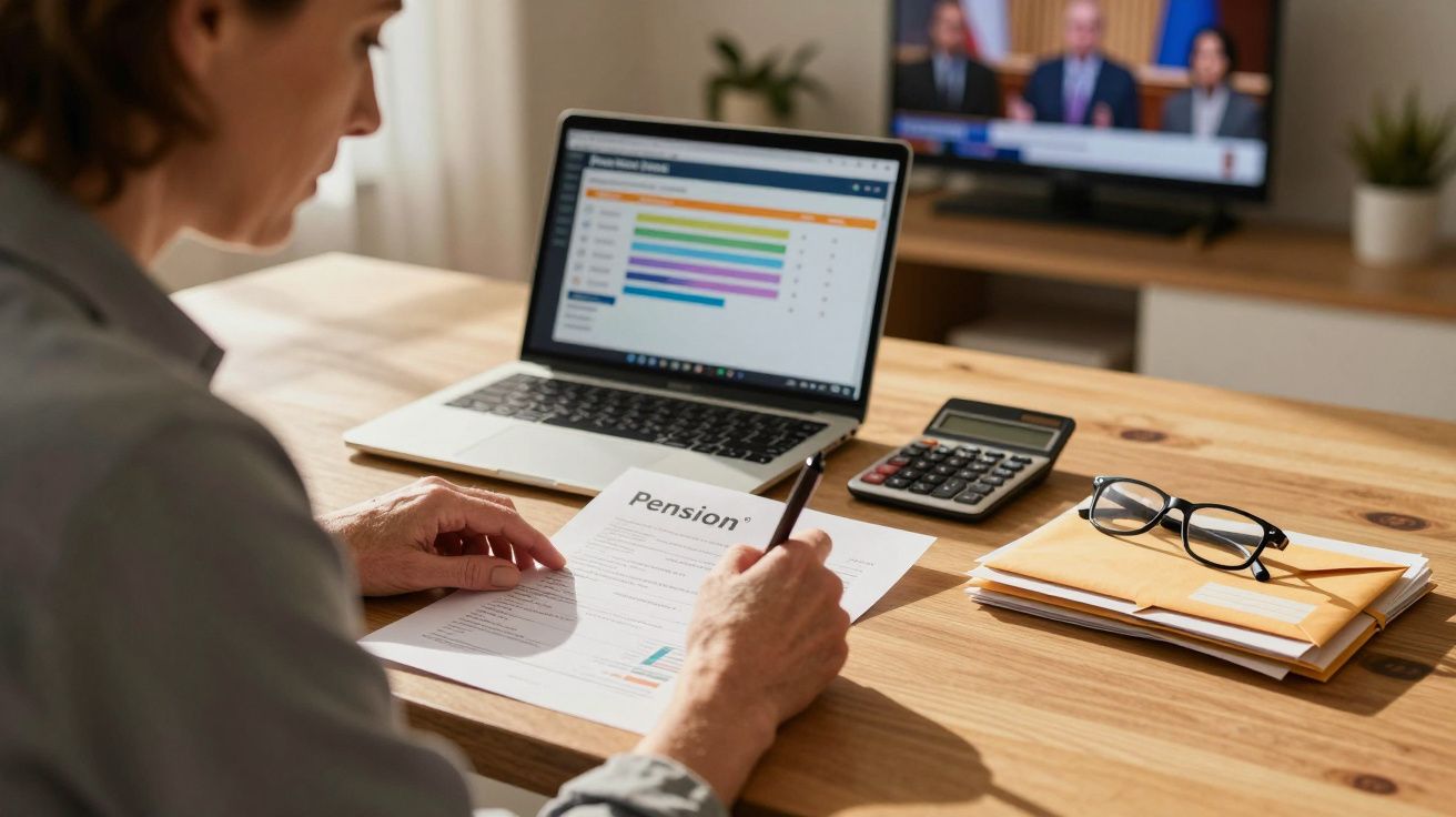 Pessoa a analisar documentos de pensão com computador, calculadora e televisão ao fundo.