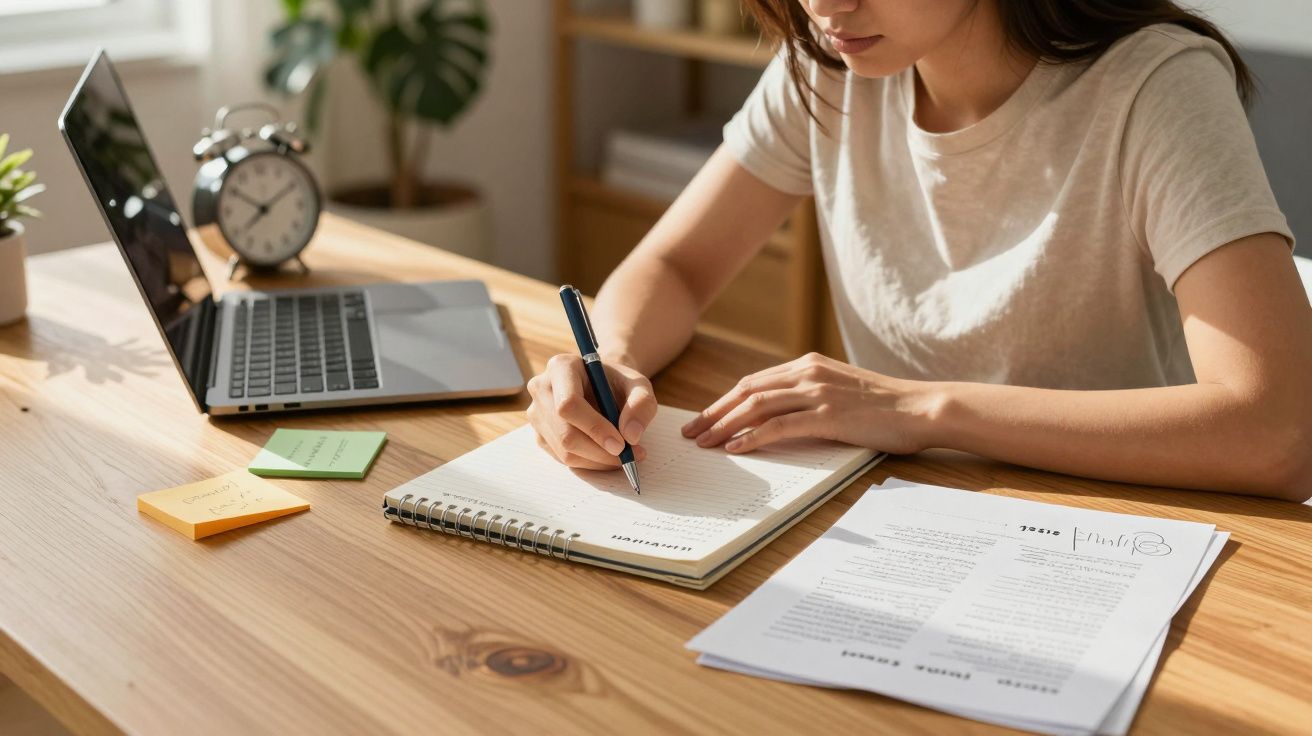 Pessoa a escrever num caderno à mesa com portátil aberto, post-its e documentos organizados à sua frente.