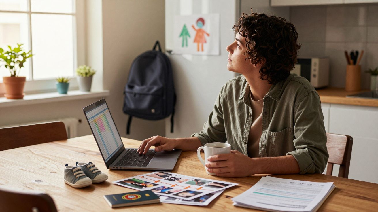 Pessoa sentada a trabalhar no computador portátil, segurando uma chávena e olhando para a janela.