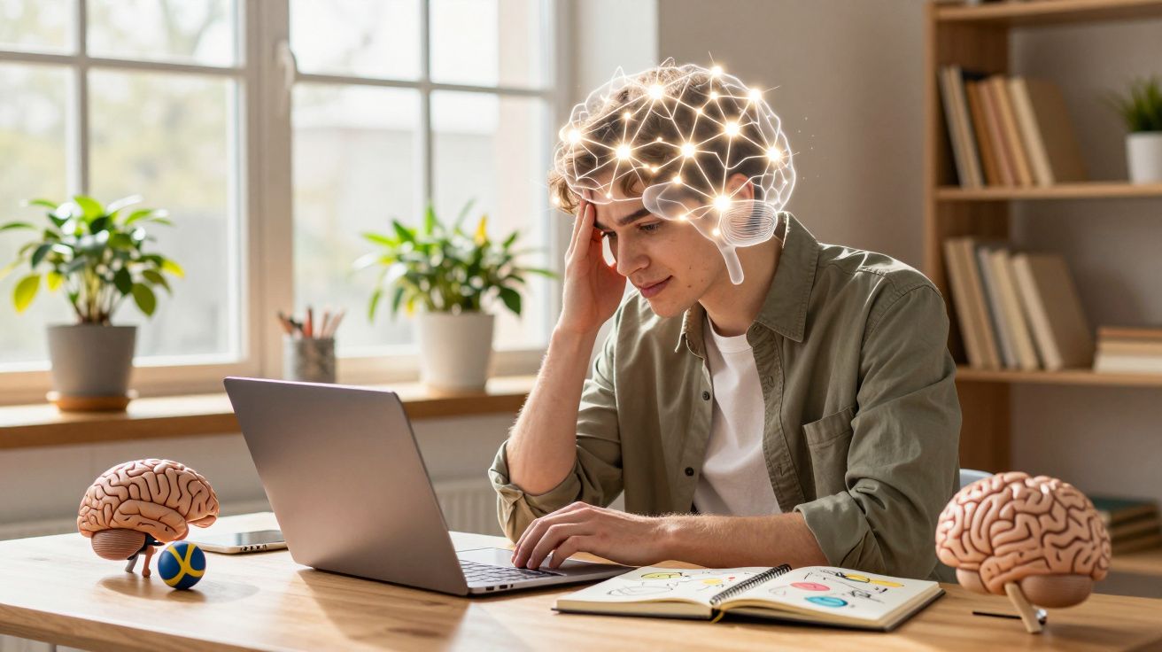 Homem a estudar com computador e cérebro digital iluminado simbolizando foco e aprendizagem.
