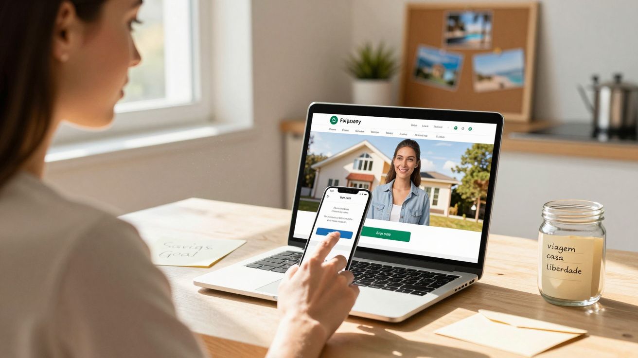 Pessoa usando smartphone e computador para pesquisa imobiliária, com frasco de vidro rotulado "viagem casa liberdade".