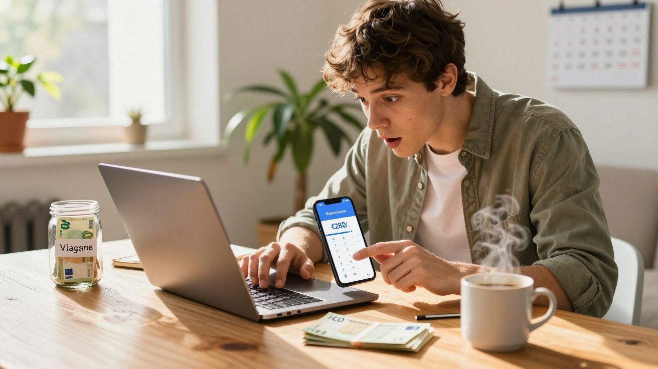 Jovem surpreendido a consultar saldo bancário no telemóvel enquanto usa portátil numa mesa com café e dinheiro.