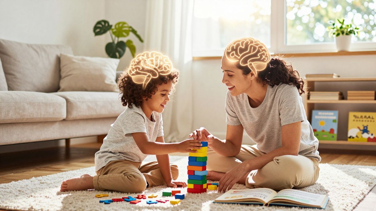 Mãe e filho sentados no chão a jogar com blocos coloridos com ilustrações de cérebros brilhantes acima das suas cabeças.