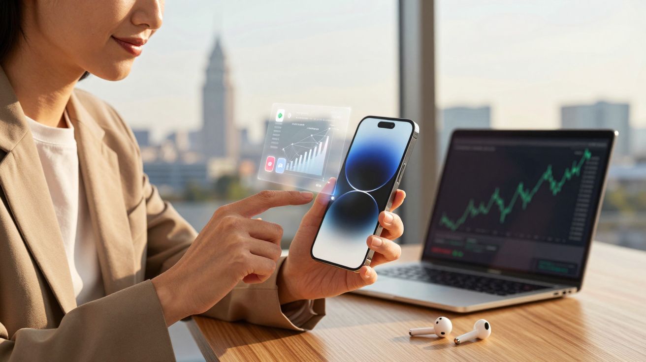 Mulher a usar smartphone com gráfico digital e computador portátil com gráficos financeiros numa mesa.