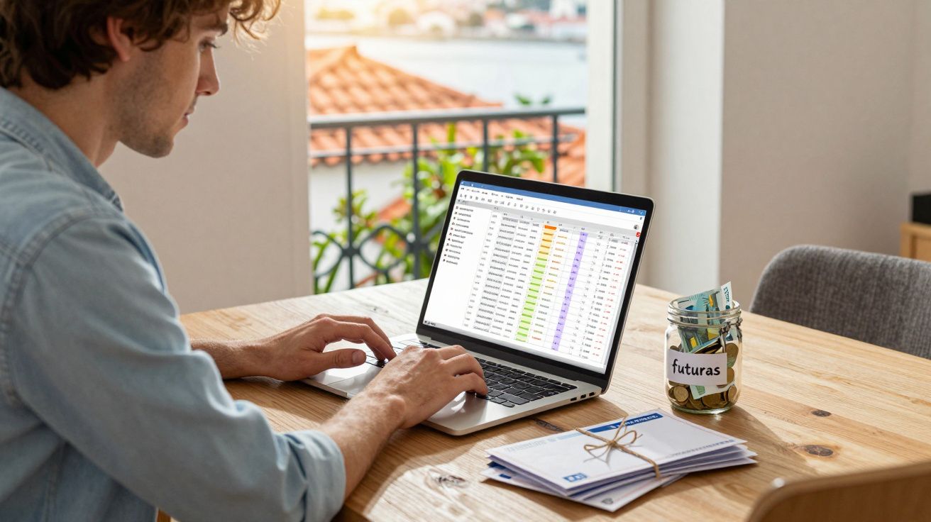 Homem a trabalhar num portátil com tabela financeira, jarro com moedas rotulado "futuras" e envelopes numa mesa de madeira.