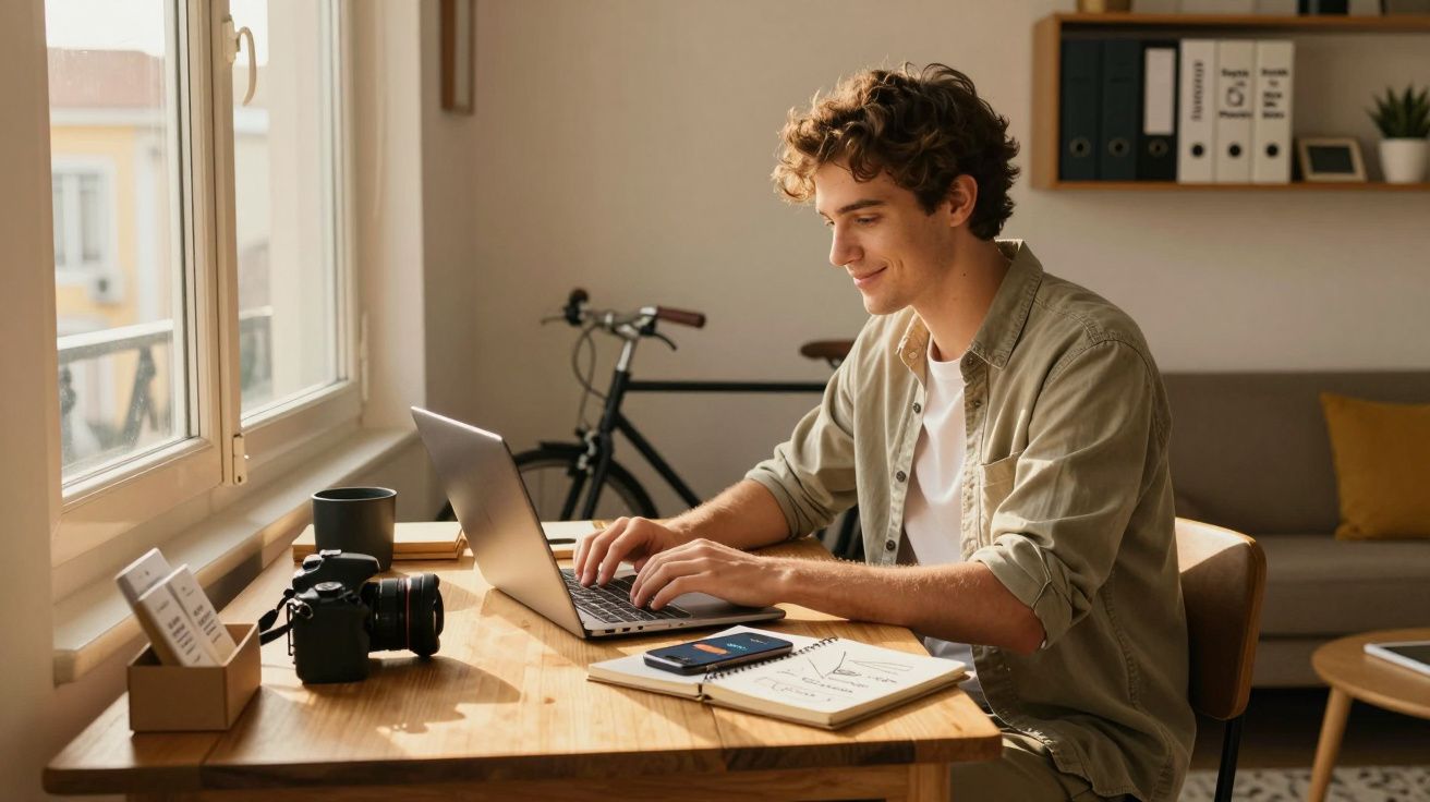 Jovem a trabalhar num computador portátil numa mesa de madeira junto a uma janela, com caderno e telemóvel.