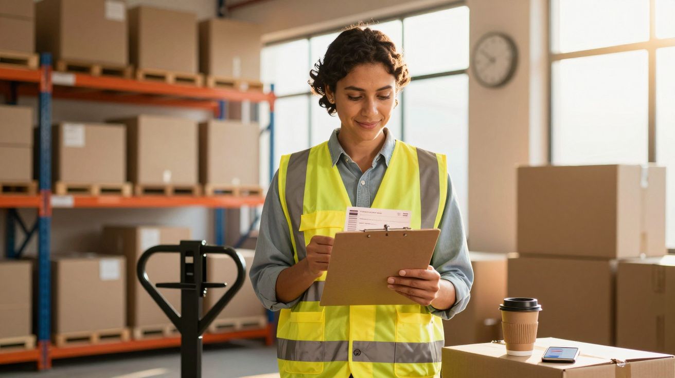 Mulher com colete refletor a verificar documentos num armazém cheio de caixas e paletes.
