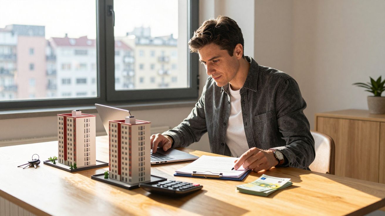 Homem a analisar documentos e calculadora numa mesa com modelos de prédios em escritório.