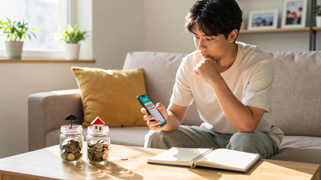 Jovem sentado no sofá a analisar finanças no telemóvel com moedas em frascos e caderno à frente.