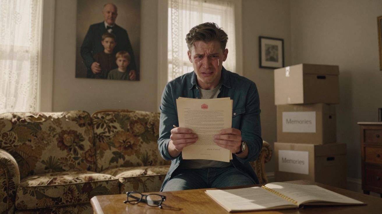Homem sentado no sofá a chorar enquanto lê uma carta, com caixas e uma fotografia de família ao fundo.