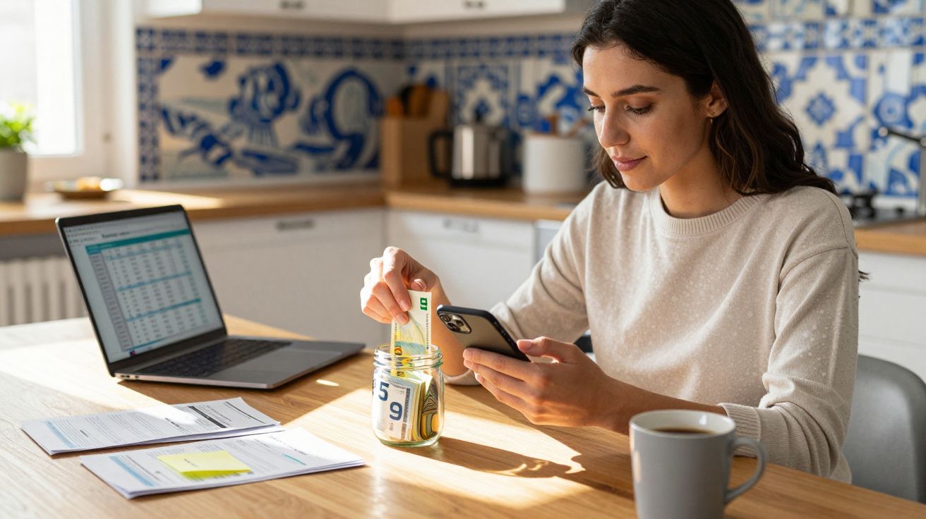 Mulher sentada à mesa a guardar dinheiro num mealheiro enquanto usa o telemóvel e tem um portátil aberto.