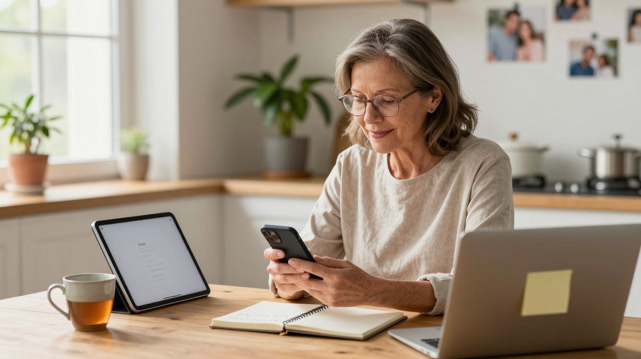 Mulher sénior sentada à mesa a usar telemóvel, com tablet, computador portátil, caderno e chá numa cozinha iluminada.
