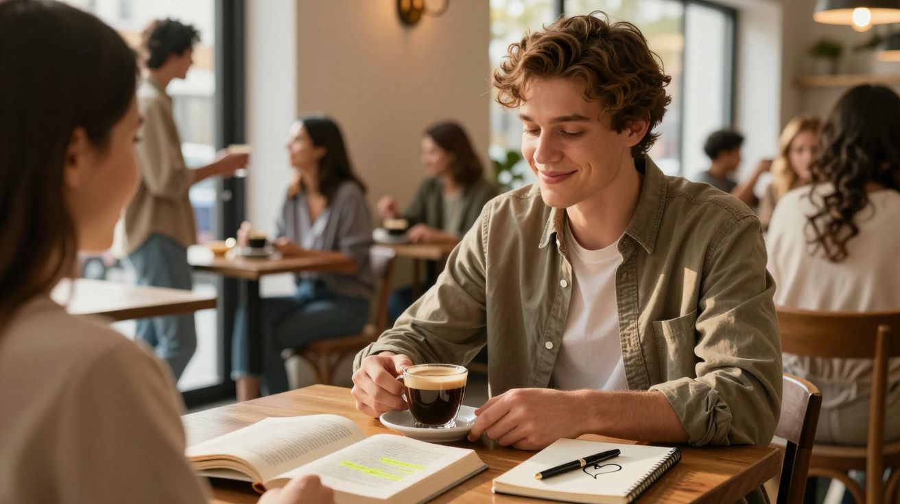 Jovem sorridente a beber café e estudar com livro e caderno numa cafetaria com outras pessoas ao fundo.