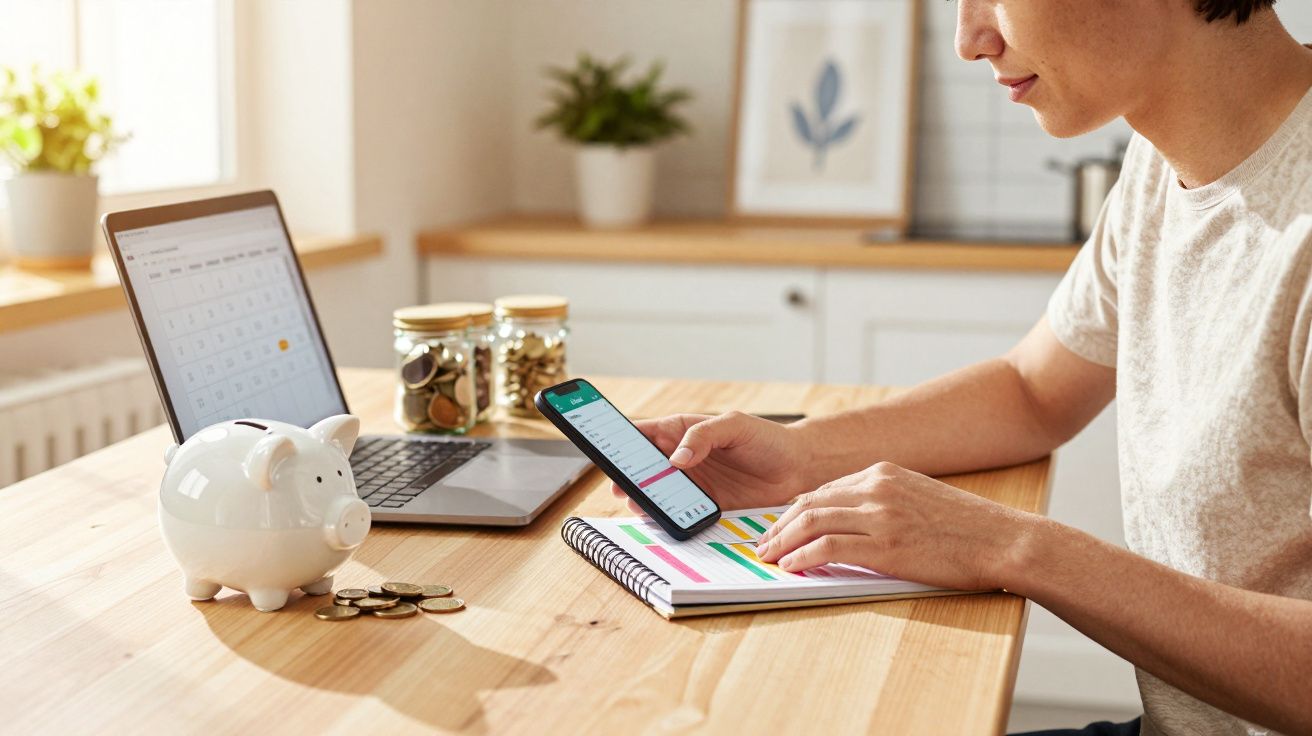 Pessoa a gerir finanças pessoais com smartphone, computador e mealheiro numa mesa de madeira.