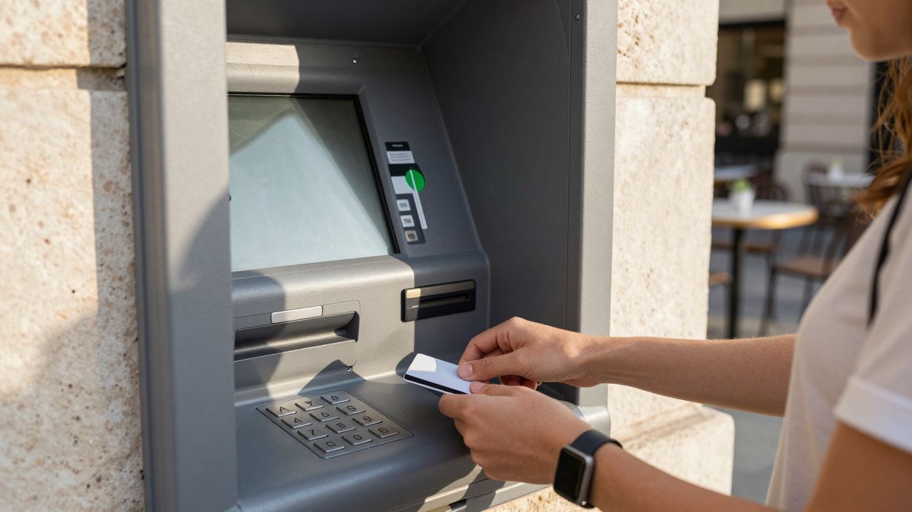 Pessoa a inserir cartão num multibanco móvel exterior junto a muro de pedra clara.