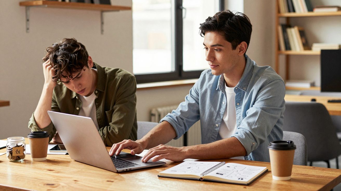 Dois jovens a trabalhar numa mesa com portátil, bloco de notas e café, num ambiente de estudo ou escritório.