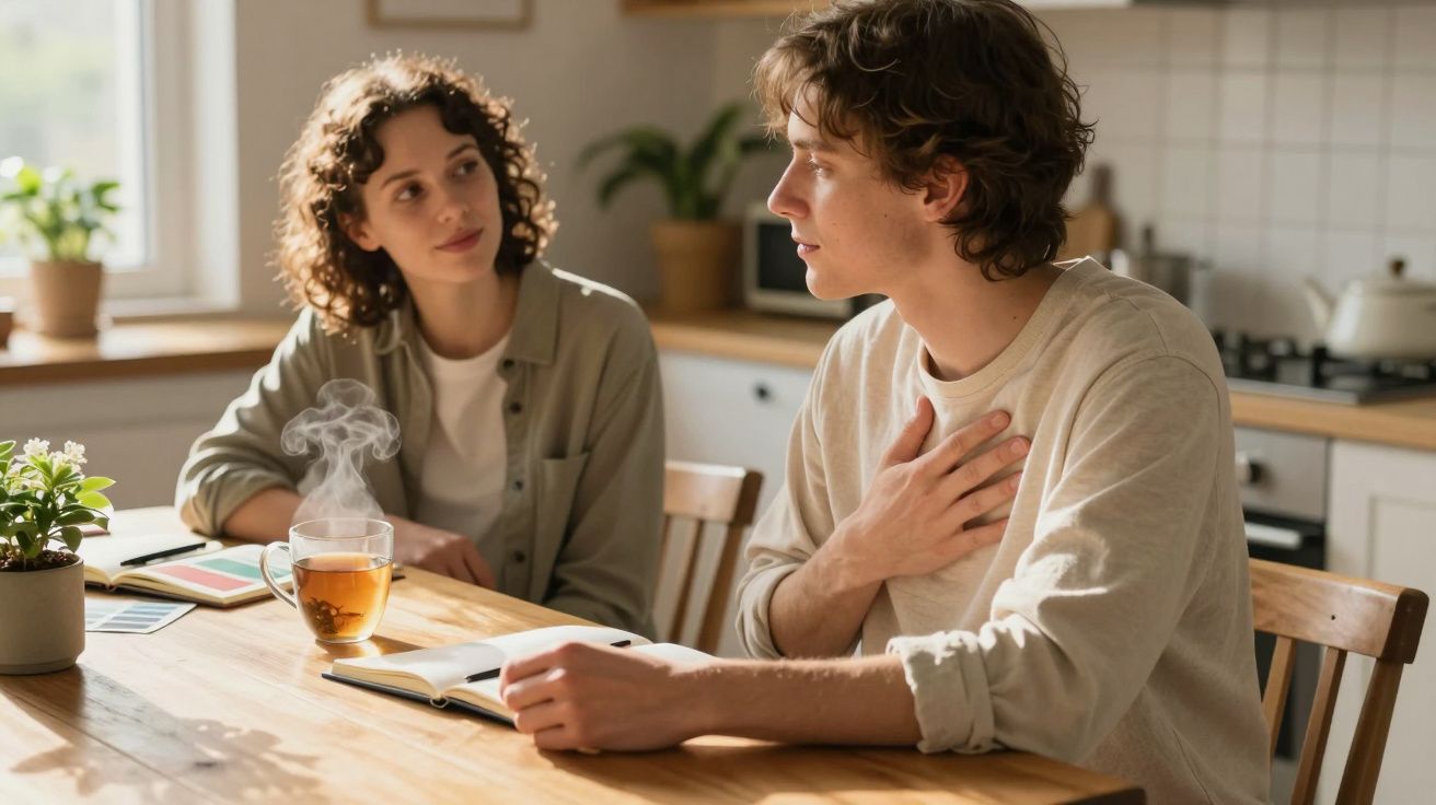 Casal sentado à mesa na cozinha, homem a falar com a mão no peito e mulher a ouvir atentamente.