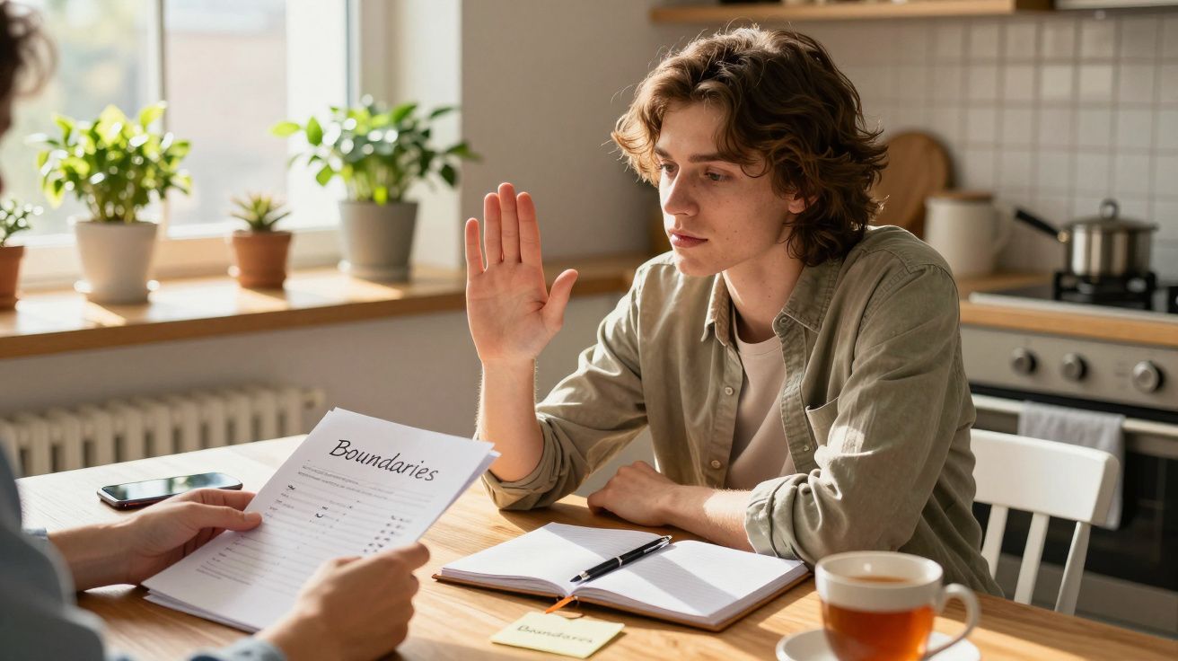 Pessoa jovem a recusar assinar um documento intitulado "Limites" à mesa de cozinha iluminada pela luz natural.