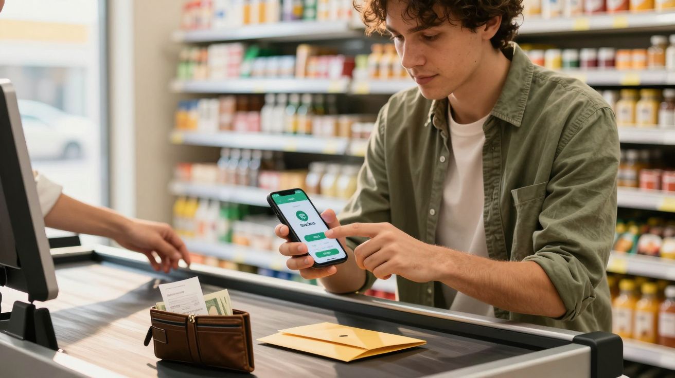 Jovem a pagar no supermercado usando aplicação de pagamento móvel no telemóvel no caixa.