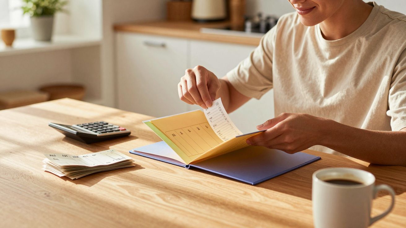 Pessoa a organizar recibos num caderno, com calculadora e chávena de café numa mesa de madeira.