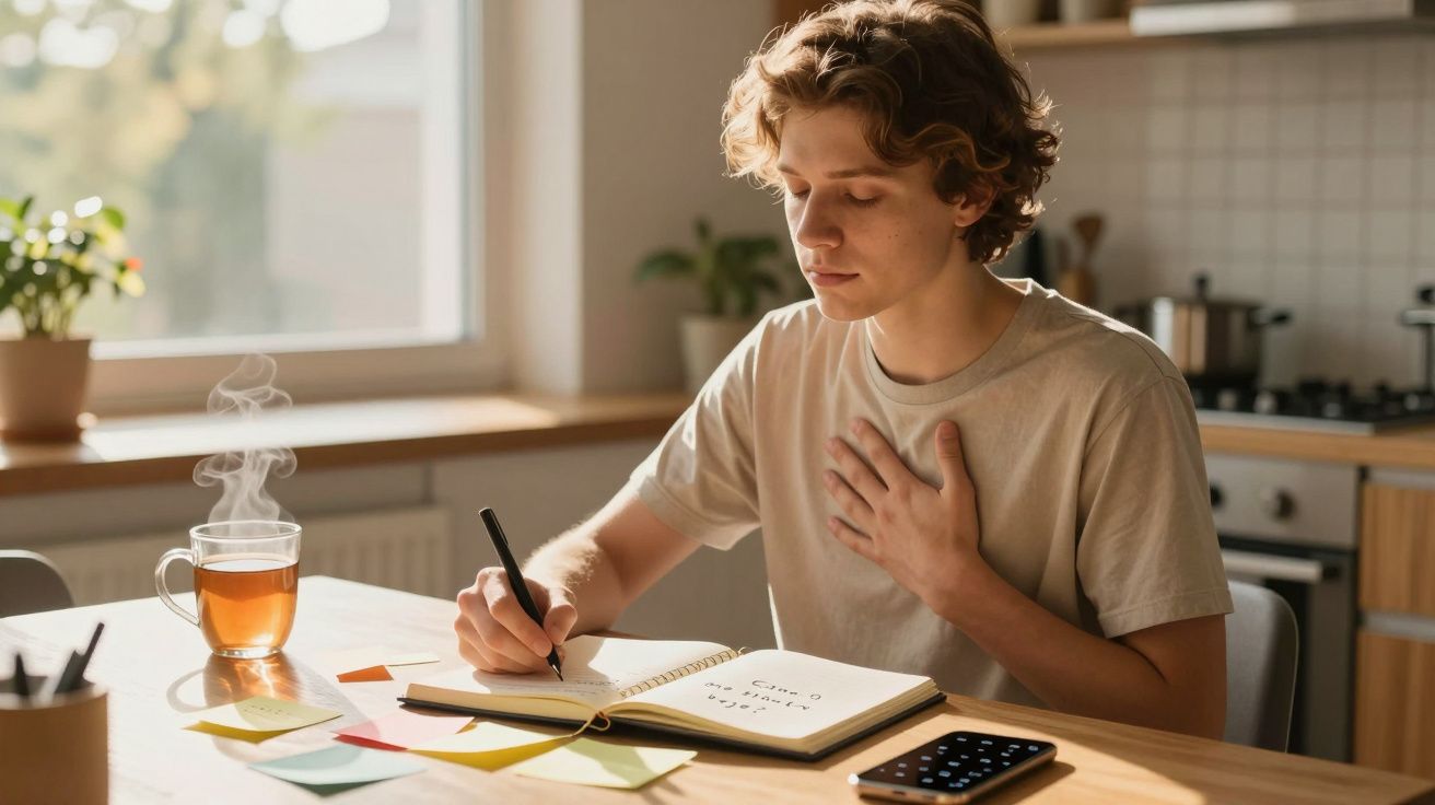 Jovem sentado à mesa com chá quente, escrevendo num caderno enquanto coloca a mão no peito.