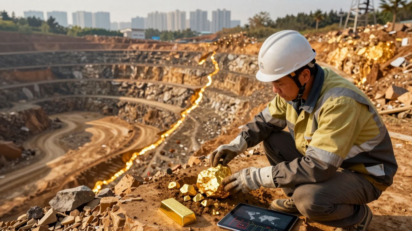 Trabalhador de mineração com capacete analisa pepitas e barra de ouro junto a um tablet numa mina a céu aberto.