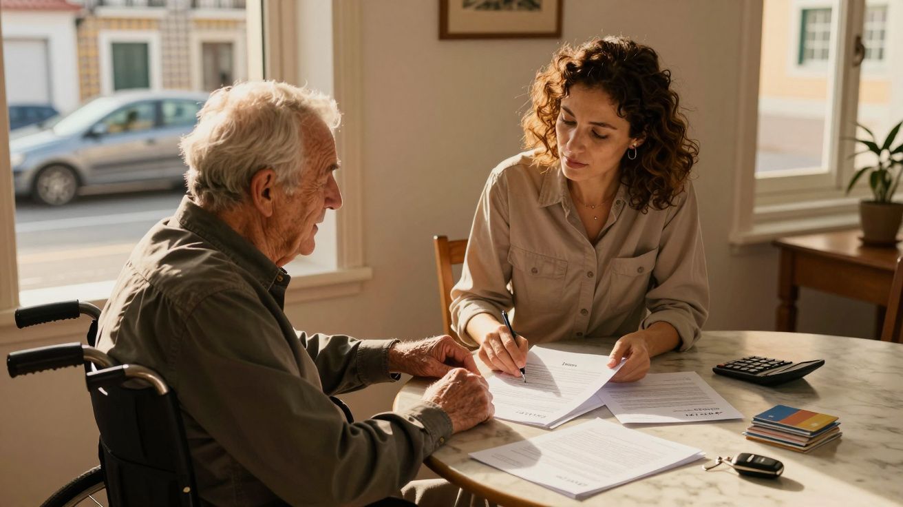 Mulher ajuda idoso em cadeira de rodas a preencher documentos num ambiente luminoso e acolhedor.