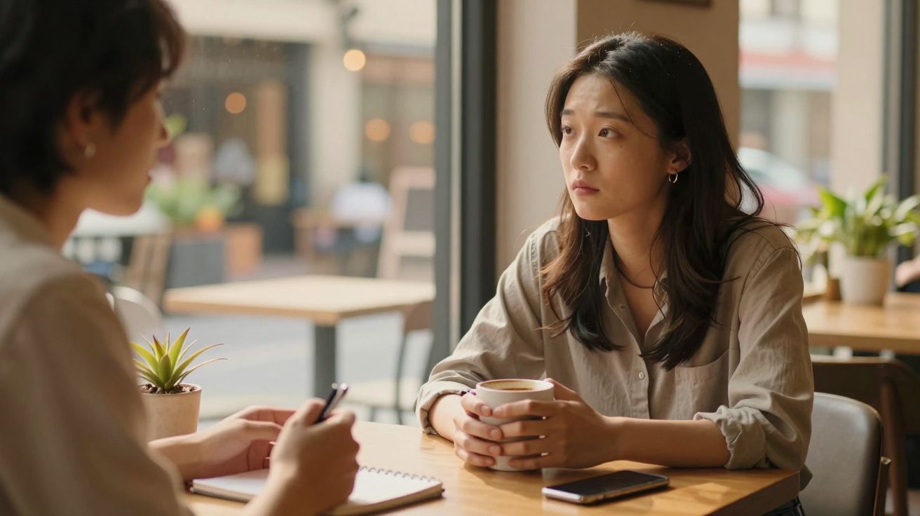 Duas mulheres sentadas numa mesa de café, uma a segurar uma chávena e outra a escrever num caderno.