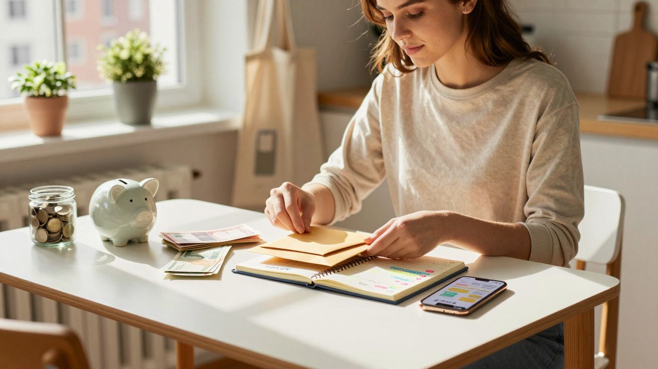 Mulher a organizar envelopes e notas ao lado de mealheiro e telemóvel numa mesa iluminada pelo sol.
