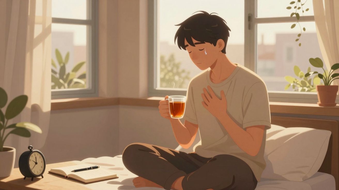 Jovem sentado na cama, lágrimas no rosto, segura uma chávena de chá num quarto iluminado pela manhã.