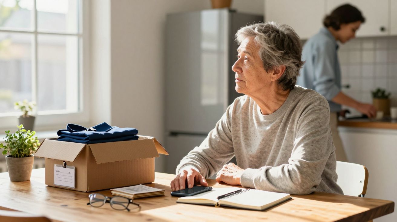 Mulher idosa sentada à mesa com caixa de roupas e cadernos, olhando pensativa para a janela.