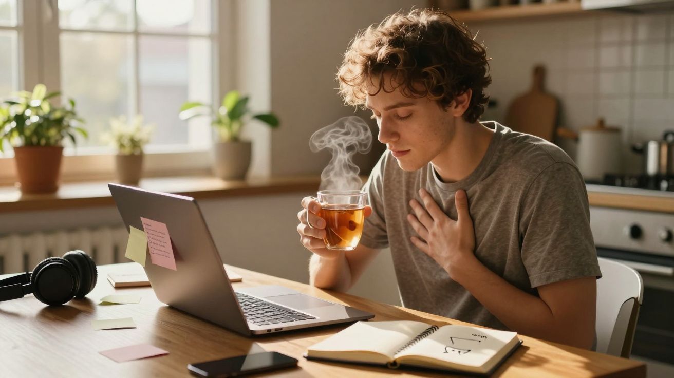 Jovem sentado à mesa a beber chá quente enquanto usa portátil e tem um caderno aberto à frente.