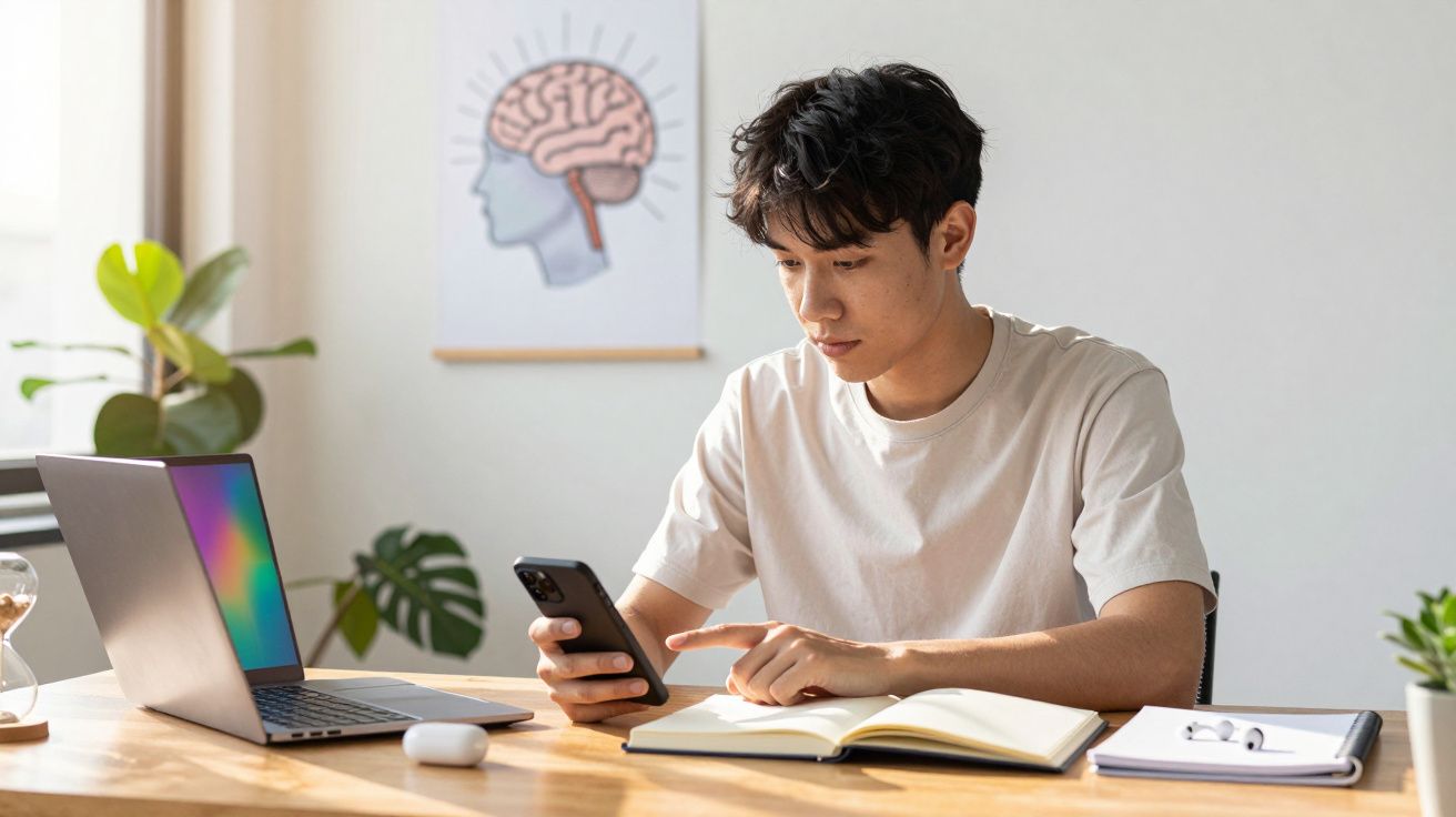 Jovem sentado à mesa com laptop, smartphone e caderno, numa divisão com planta e quadro cerebral na parede.