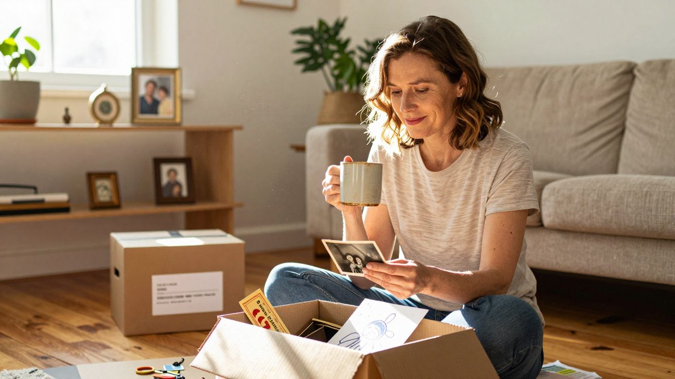Mulher sentada no chão a olhar foto antiga, segurando caneca, rodeada de caixas e objetos pessoais.